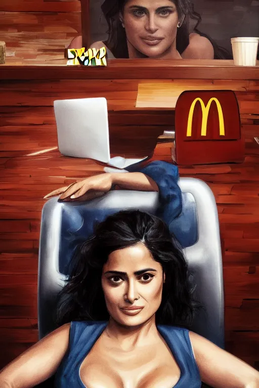 Prompt: salma hayek sitting at a desk, big bust v neck shirt, mcdonalds interior, highly detailed, wide shot, intricate, cute, mystical, sharp focus, Trending on Artstation HQ, deviantart, unreal engine 5, 4K UHD image