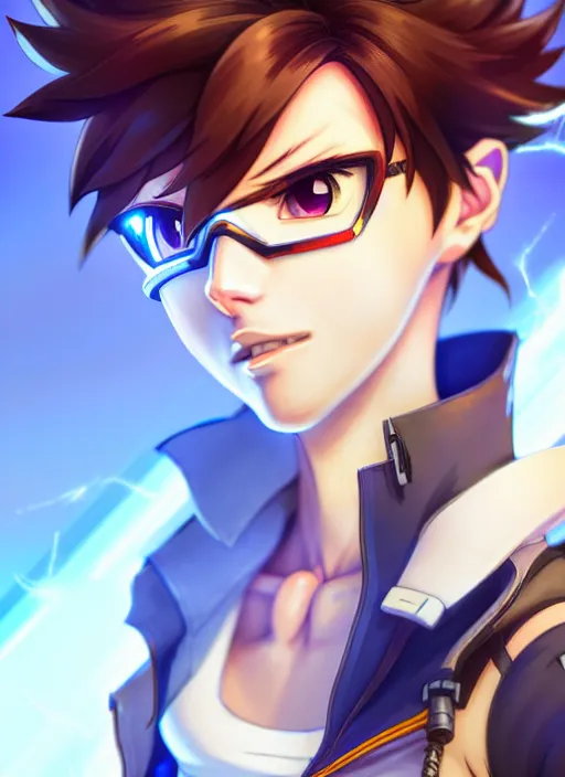 Image similar to a full body portrait of tracer from overwatch in anime style, finely detailed features, closeup at the faces, perfect art, in the abadoned temple, gapmoe yandere grimdark, trending on pixiv fanbox, painted by greg rutkowski makoto shinkai takashi takeuchi pixar, akihiko yoshida