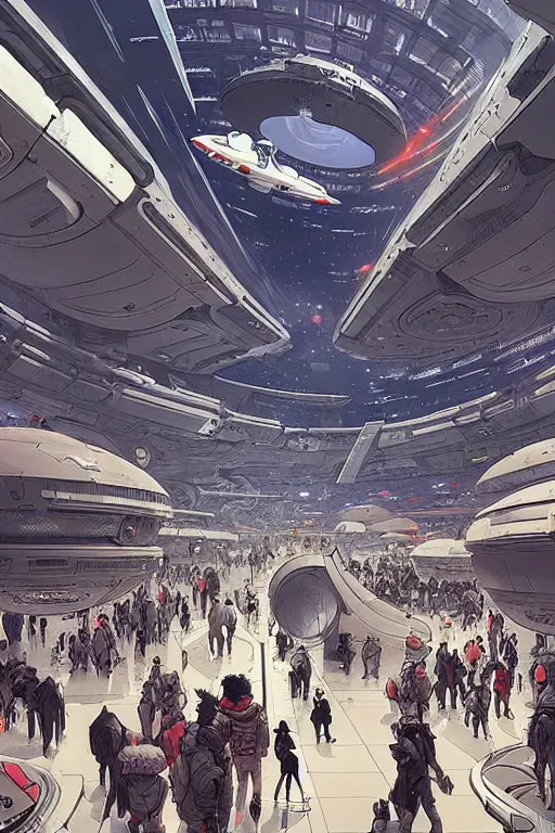 Image similar to the interior of a futuristic spaceport, large crowd of people, by kim jung gi and greg rutkowski, rule of thirds