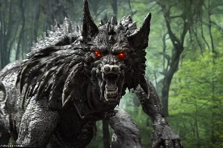 Image similar to vfx movie closeup detailed ancient armored warrior orc hunting riding large wolf in the forest, natural lighting by emmanuel lubezki