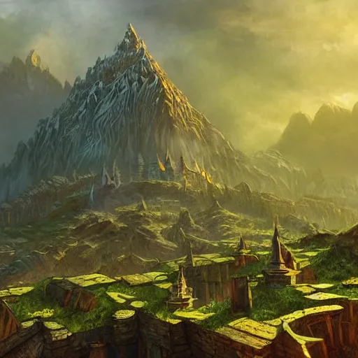 Image similar to green dwarven city carved into Erebor the Lonely Mountain from the Hobbit, by Marc Simonetti