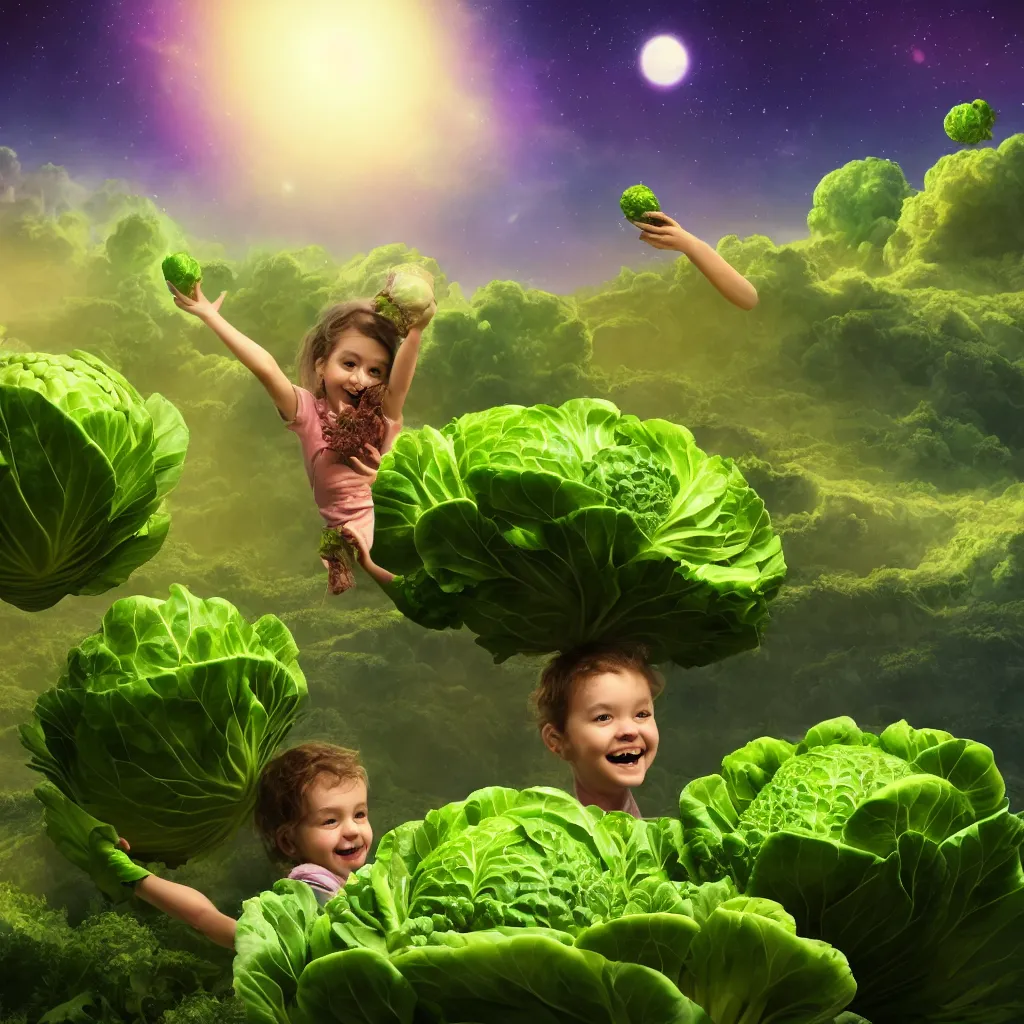 Image similar to happy child carrying a cabbage on her head, cosmic sci fi landscape with farm and vegetables growing, semi realistic comic, octane render, artist Dr Zeus harmonious integration+8k