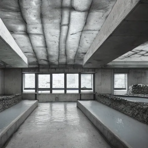 Prompt: aquarium, interior in the brutalist style