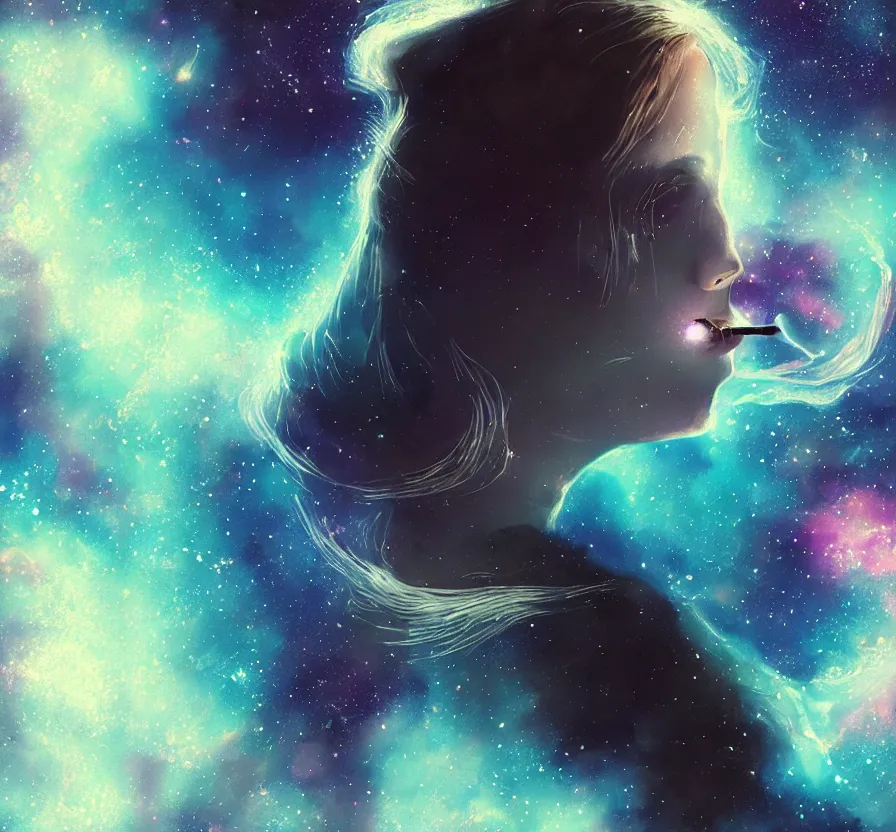 Prompt: girl smoking in space, nebula, dark colors, black hole, acrilic paint, digital, artstation, detailed, intricate ink, illustration, heavenly atmosphere, digital art, over detailed art, conceptart