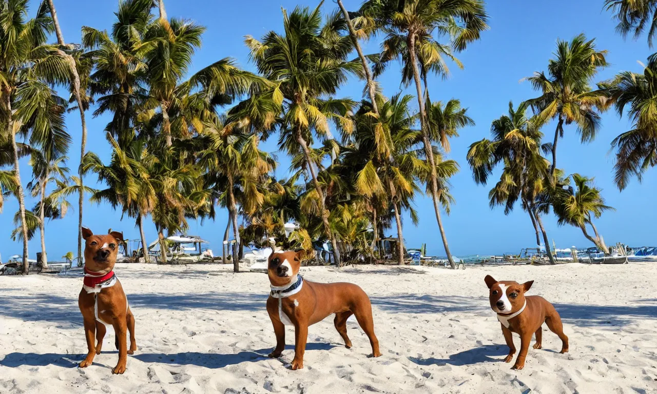Image similar to an american pitpull terrier on an island beach with palm trees in the background