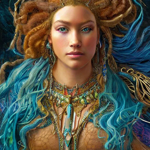 Prompt: artstation, intricate details, hyper details, by gaston bussiere, by sandro botticelli, wearing labradorite veils, tan african skin sumerian mystic lady of elche, egyptian sumerian features, techno mystic intergalactica electronic pop star, wear labradorite armor with aqua neon rapunzel dreadlocks,