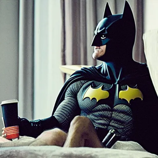 Prompt: photo of batman sitting in his tighty whities and drinking coffee