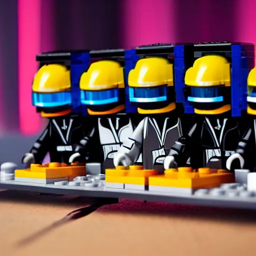 Image similar to Lego Daft Punk DJing with realistic DJ turntables