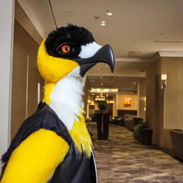 Prompt: a person wearing a fursuit of a yellow bill magpie fursona, fursona, furry convention, hotel lobby, indoors, photograph, furry fandom, photorealistic,