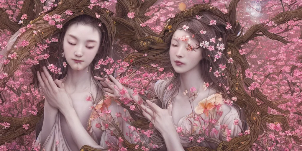 Image similar to breathtaking detailed concept art painting of the goddess of cherry blossom flowers, orthodox saint, with anxious, piercing eyes, ornate background, amalgamation of leaves and flowers, by Hsiao-Ron Cheng, James jean, Miho Hirano, Hayao Miyazaki, extremely moody lighting, 8K