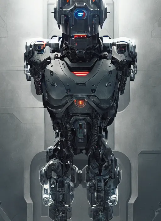 Image similar to cyborg, borg, android, strogg, face of a man, body of a robot, droid, robocop, cable, victor stone, ultron, terminator, machine, flesh, quake, doom demon, wolfenstein, monster, octane render, from an anime movie, symmetry, symmetrical, concept art by ruan jia and greg rutkowski