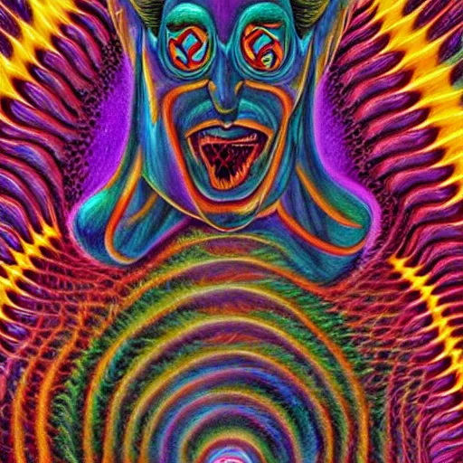 Prompt: waluigi becomes a fractal, painted by alex grey. psychedelic visionary art