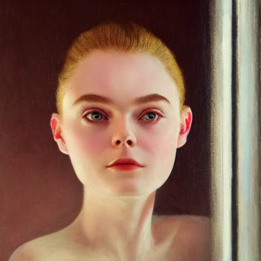 Prompt: Elle Fanning’s face against the window in the world of Adam Wyeth, head and shoulders portrait, stormy weather, extremely detailed masterpiece, oil on canvas, low-key neon lighting, artstation, Blade Runner 2049, Roger Deakin’s cinematography, by J. C. Leyendecker and Peter Paul Rubens and Edward Hopper and Michael Sowa,