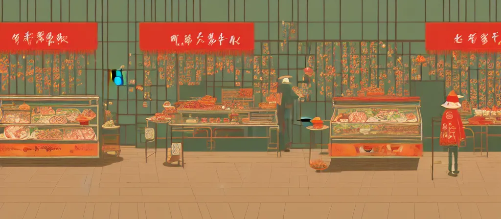 Prompt: a beautiful simple 4 k hd wallpaper illustration of interior view display of the corner of roasted string hotpot shop, simple style, from china, with merchant logo, simple structure, surrealistic, chinese style, victo ngai, james jean, denoise, deblurring