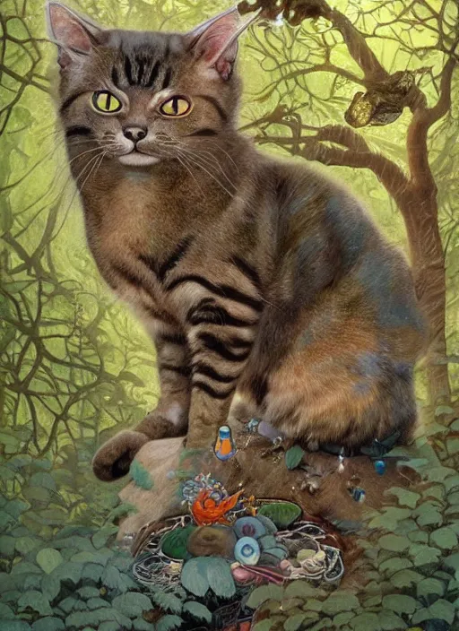 Image similar to a hyper realistic cat god with happy lighting and technology jewelry in the woods gorgeous lighting, sunbeams blue sky, lush forest foliage painting by chiara bautista and beksinski and norman rockwell and greg rutkowski weta studio, and lucasfilm