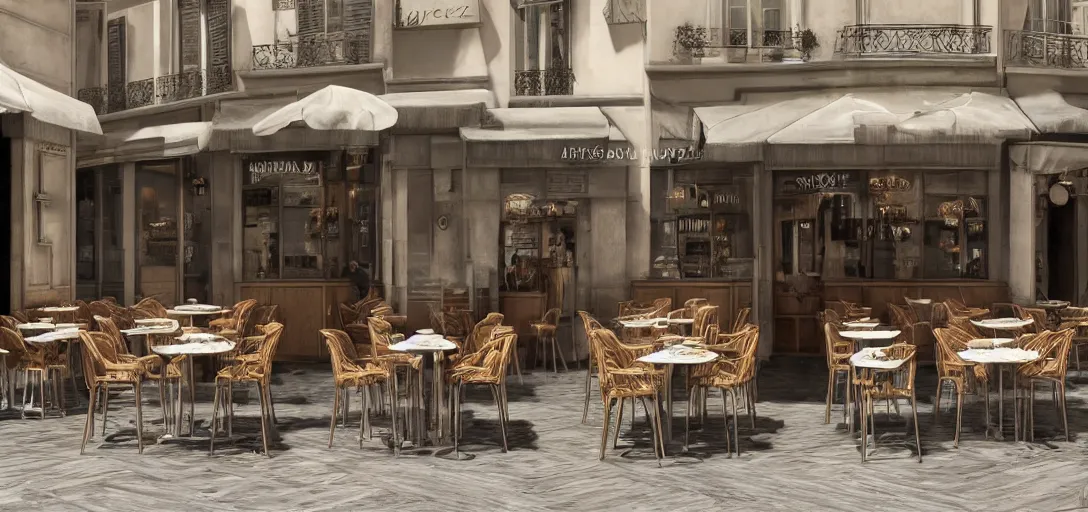 Image similar to a photorealistic render of a parisian cafe at lunch time but all the chairs look like the iron throne, iron throne from game of thrones, fancy french waiters, ultra detailed face, 8 k, artstation, volumetric lighting, smooth, highly detailed, octane render, by andres rocha and albert bierstadt and greg rutkowski