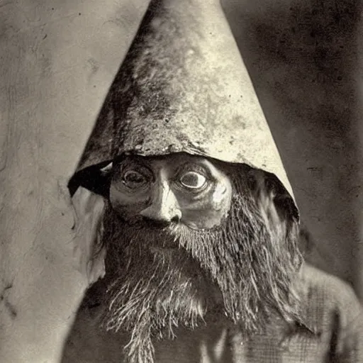 Prompt: hermit alchemist wearing scary headmask made of wood, 1900s photograph