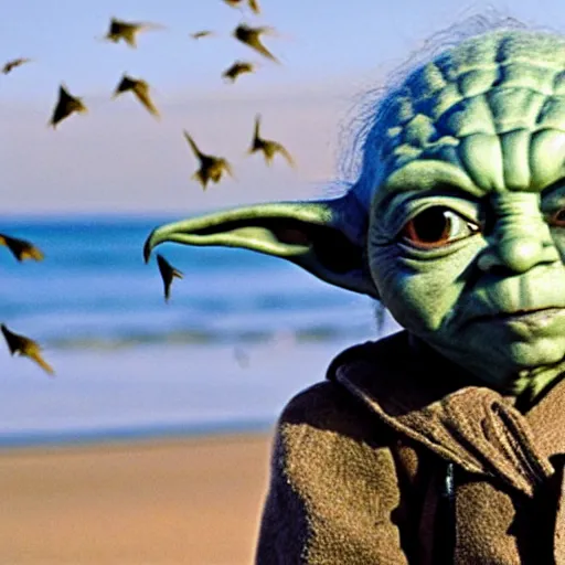 Image similar to sad real life Yoda on a beach, seagulls pecking Yoda’s head