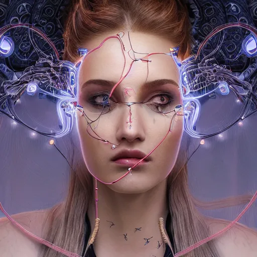 Prompt: very beautiful woman integrating with technology, full face frontal centered, portrait, insipiring, detailed intricate ornate neon cables connected to head, very detailed eyes, luxurious detailed abundent wiring and implants, golen porcelain, renaissance, sci - fi, detailed technology background with cyber flowers and insects, dramatic lighting, photography, highly detailed, artstation, 8 k,
