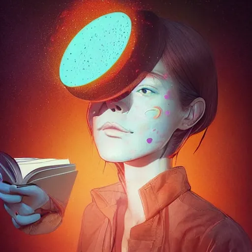 Image similar to colourful vfx upper half - portrait - a girl reading a book, art by katsuhiro otomo & james jean, digital render, digital illustration, concept art, caricature, volumetric light, ray tracing, symmetrical, unreal engine, octane 3 d render, sharp, detailed, intricate detail, pinterest, behance, art station