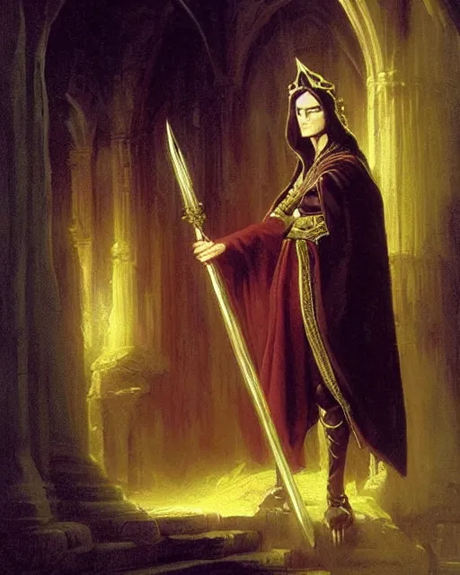 Image similar to A dark mage. He is wearing mage armor and a crown. He is frowning seriously. He is preparing to cast a dark spell. He is standing in a wizards room. Award winning oil painting by Thomas Cole and Wayne Barlowe. Highly detailed