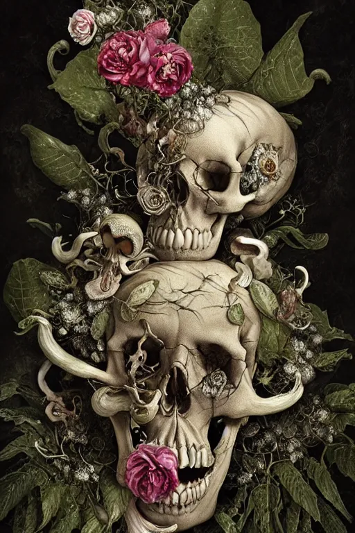 Image similar to a beautiful detailed rococo of a rotten woman corpse becoming almost a skull with face muscles, veins, arteries, fractal plants and fractal flowers and mushrooms growing around, intricate, ornate, surreal, ray caesar, john constable, guy denning, dan hillier