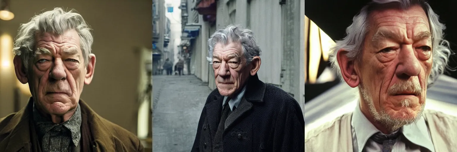Prompt: close-up of Ian McKellen as a detective in a movie directed by Christopher Nolan, movie still frame, promotional image, imax 70 mm footage