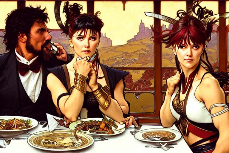 Image similar to xena warrior princess eating at a restaurant, with a hispanic man in a suit as her companion, art by artgerm and greg rutkowski and alphonse mucha