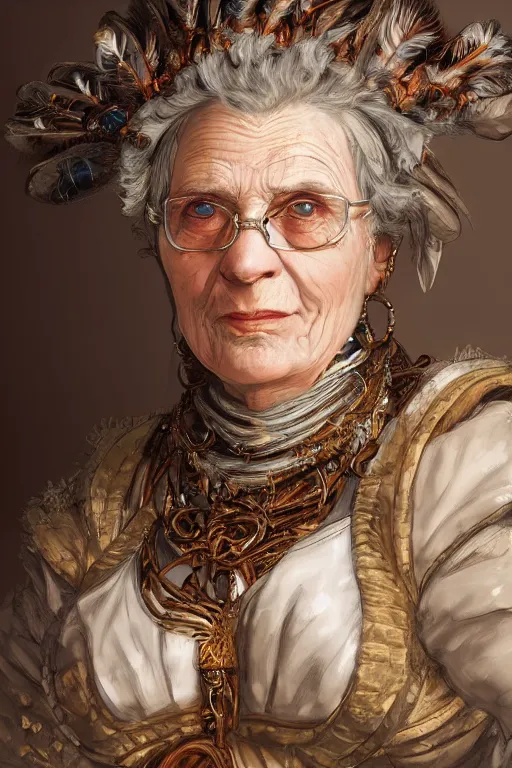 Prompt: portrait, headshot, digital painting, of a old 17th century, old lady cyborg merchant, amber jewels, clorful feathers, baroque, ornate clothing, scifi, futuristic, realistic, hyperdetailed, chiaroscuro, rimlight, concept art, art by Waterhouse