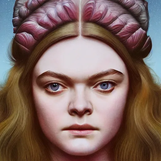 Prompt: professional painting of Elle Fanning in the style of Wayne Barlowe, head and shoulders portrait, symmetrical facial features, smooth, sharp focus, illustration, intricate, stormy weather, extremely detailed masterpiece,