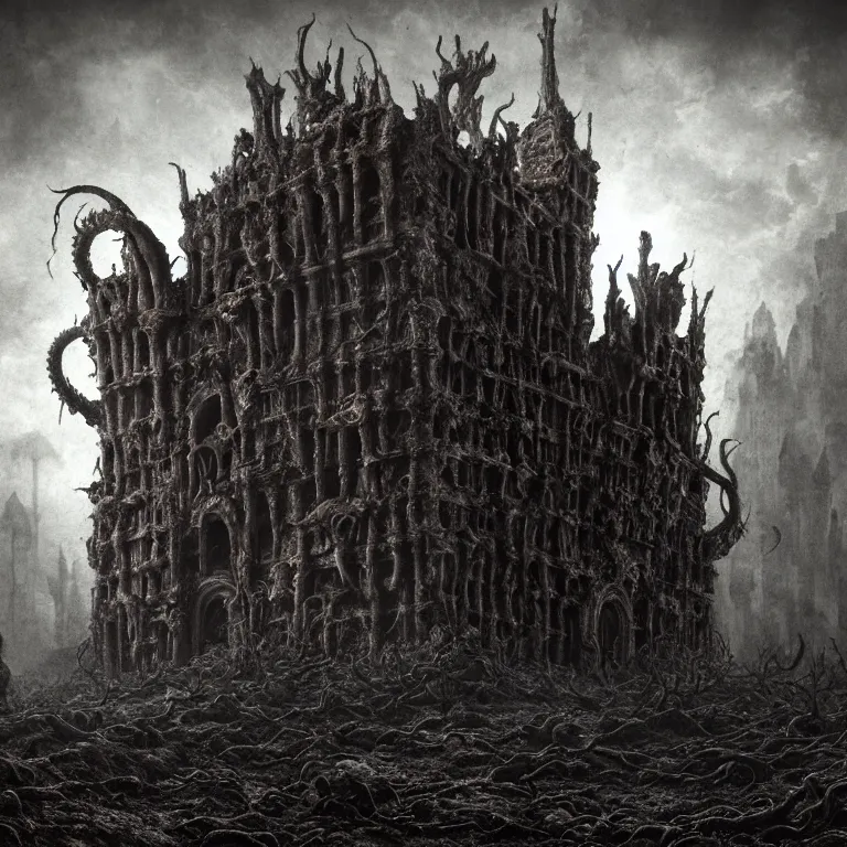 Prompt: ribbed abandoned giant castle, covered with tentacles, spines, roots and organic rotten flesh meat, baroque painting, standing in a desolate empty wasteland, creepy, nightmare, dream-like heavy atmosphere, surreal abandoned buildings, beautiful detailed intricate insanely detailed octane render trending on Artstation, 8K artistic photography, photorealistic, chiaroscuro, Raphael, Caravaggio, Beksinski, Giger