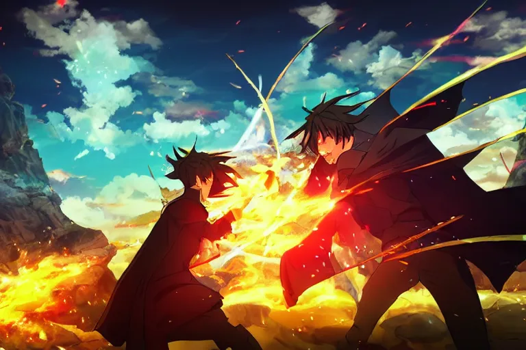 Prompt: cell shaded anime key visual of a fantasy wizard battlefield, lots of explosions, magic spells, in the style of studio ghibli, moebius, makoto shinkai, dramatic lighting