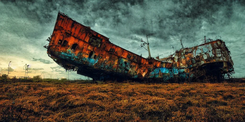 Image similar to a singular rusted abandoned cargo ship, overgrown, sparse foliage, rusted, adrift at sea, by Scott Listfield and Simon Stalenhag, , golden hour, oversaturated blues, velvia film