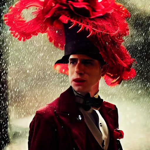 Image similar to cinestill 5 0 d candid photographic portrait by david cronenberg of baroque steampunk cyborg gentleman wearing a red edwardian suit and top hat, floral growths, modern cyberpunk moody emotional cinematic, closeup, pouring rain menacing lights shadows, 8 k, hd, high resolution, 3 5 mm, f / 3 2, ultra realistic faces, ex machina