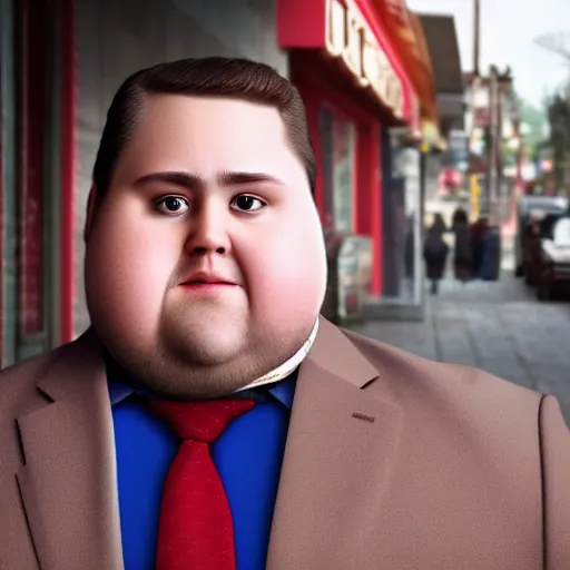 Image similar to Close up portrait of a chubby man wearing a brown suit and necktie with a bakery in the background. Photorealistic. Award winning. Dramatic lighting. Intricate details. UHD 8K. He looks about to cry.