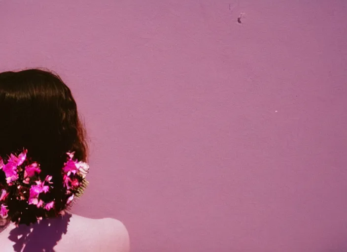 Prompt: extra close-up, color film photography, the back of a woman\'s head with interwoven flowers against a pink wall, daylight, 35mm