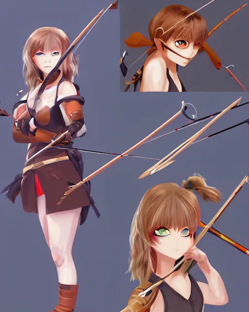 Prompt: anime girl with a bow and arrow, female archer, angry, warrior, realistic face, heroes archery japanese cartoon woman, artstation trending, concept art, digital painting