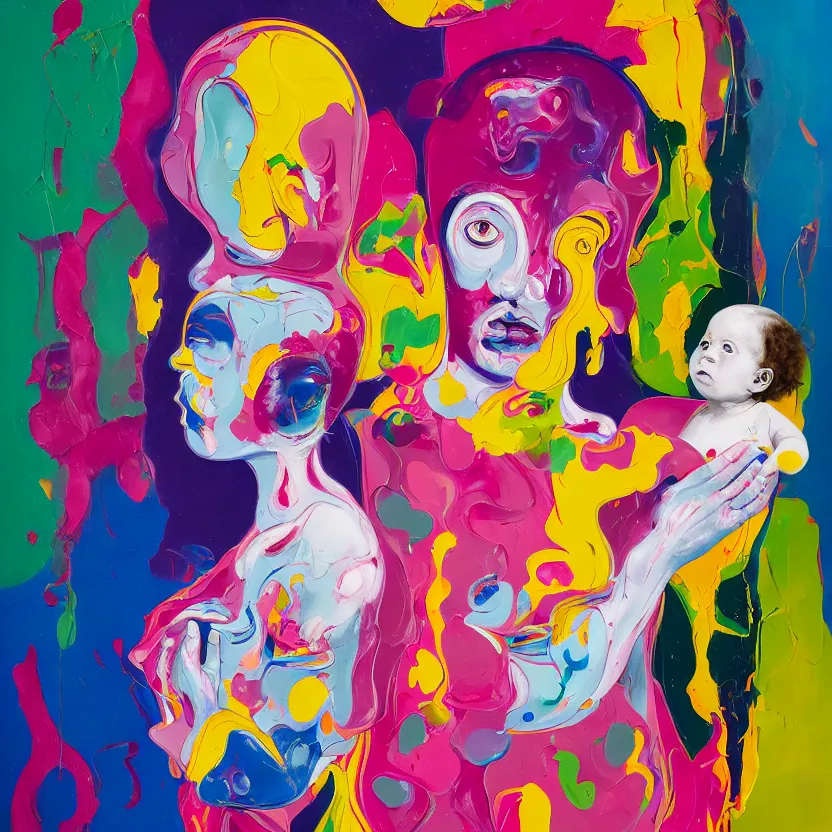 Image similar to woman holding a baby, an ultrafine detailed painting by peter max and francis bacon and fiona rae and maryam hashemi and hernan bas and anna mond, featured on deviantart, metaphysical painting, pop surrealism, melting paint, biomorphic, mixed media, photorealistic, dripping paint, palette knife texture, masterpiece