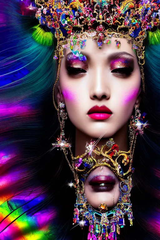 Image similar to a singular beautiful empress dramatic portrait, black hair, with a brilliant, impossible striking shiny big multi colored crystal headpiece, symmetrical, reflective surface, rainbow crystal clothes, rococo, baroque, jewels, asian, realistic, dramatic studio lighting, closeup, D&D, fantasy, intricate, elegant, highly detailed, digital painting, artstation, octane render, 8k, concept art, matte, sharp focus, illustration, art by Artgerm and Greg Rutkowski and Alphonse Mucha