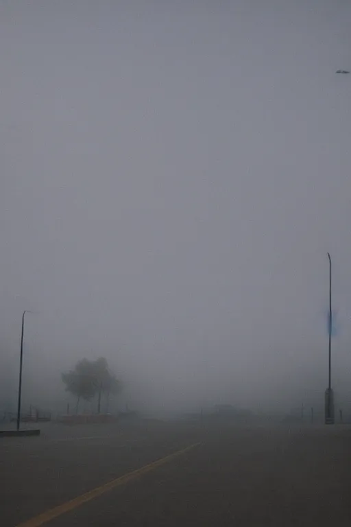 Prompt: empty parking lot, foggy, silhouettes of people floating in sky