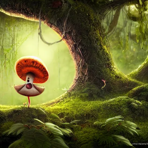 Image similar to Intricate detailed illustration, A happy humanoid mushroom frolicking in a lush rainforest, 🍄 , cinematic lighting, by Philip Hood, wide angle, volumetric light scattering, 8k, artstation, concept art,