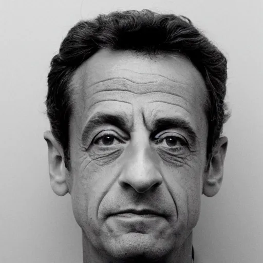 Prompt: very very low quality mugshot portrait of Nicolas Sarkozy, heavy grain, high contrast black and white