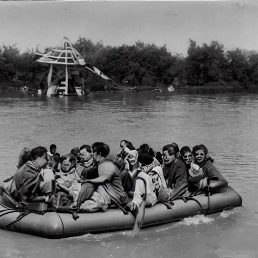 Image similar to a group of refugees on a raft, water ride amusement park, war photography