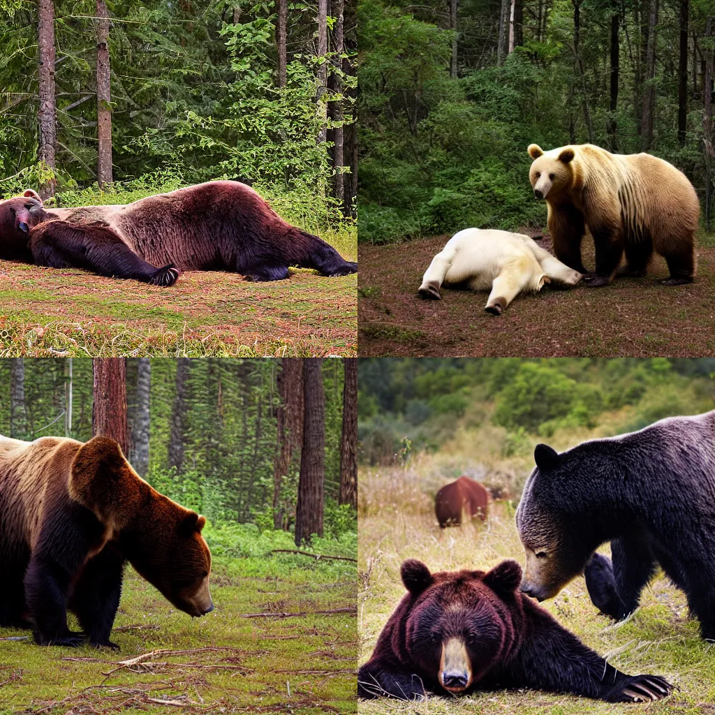 Prompt: the bear holds the spine near the sleeping cow in forest