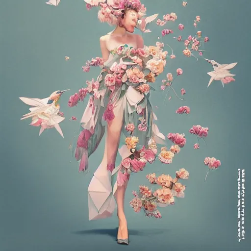 Image similar to 3 / 4 view of a beautiful girl wearing an origami dress, eye - level medium shot, fine floral ornaments in cloth and hair, hummingbirds, elegant, by eiko ishioka, givenchy, shinji aramaki, by peter mohrbacher, centered, fresh colors, origami, fashion, detailed illustration, vogue, japanese, reallusion character creator