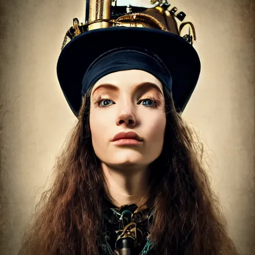 Prompt: a portrait of a beautiful steampunk woman by mario testino, long hair, aged 2 5, swedish, wearing a travel hat, photo realistic, real life, photograph, 3 5 mm, octane render, trending on artstation