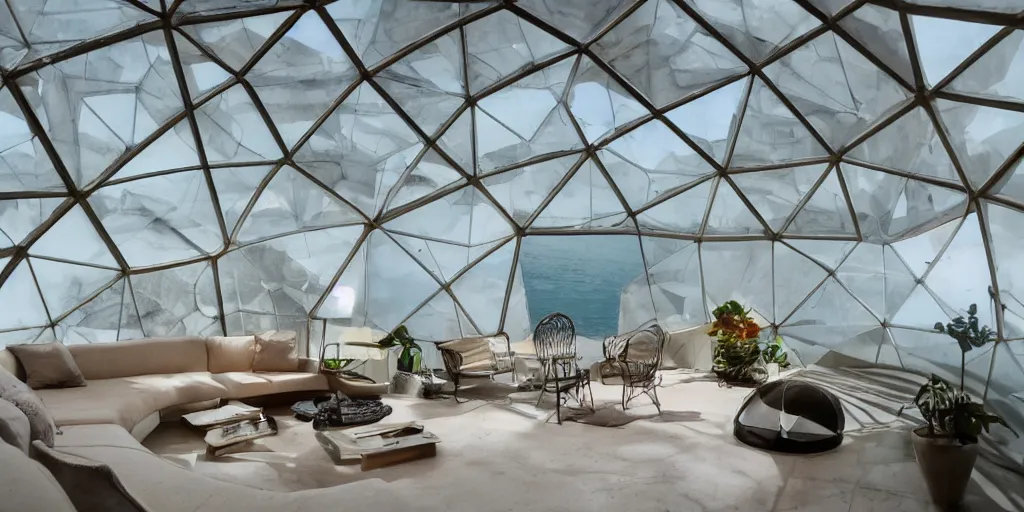 Image similar to interior of a home that is an underwater concrete geodesic dome