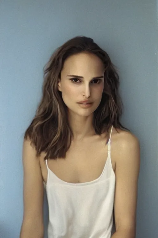 Image similar to 23 year old natalie portman, loose messy hair , thoughtful eyes, wearing a thin white skimpy cotton camisole, pale skin, poised beautiful body, symmetrical face, zen aesthetic, interior design, amber and blue color scheme, sophisticated, pensive, contemplation, meditation, aloof, ethereal, realistic painting