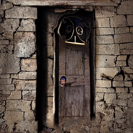 Image similar to Caricature, ajar dilapidated door with a human face dangles on hinges, medieval style, dramatic lighting