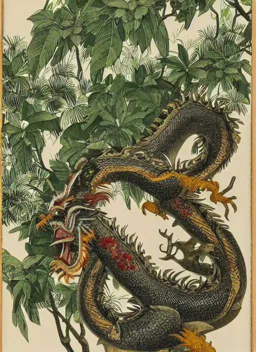 Prompt: vintage chinese dragon in a tropical forest, john james audubon, intaglio 8 k resolution